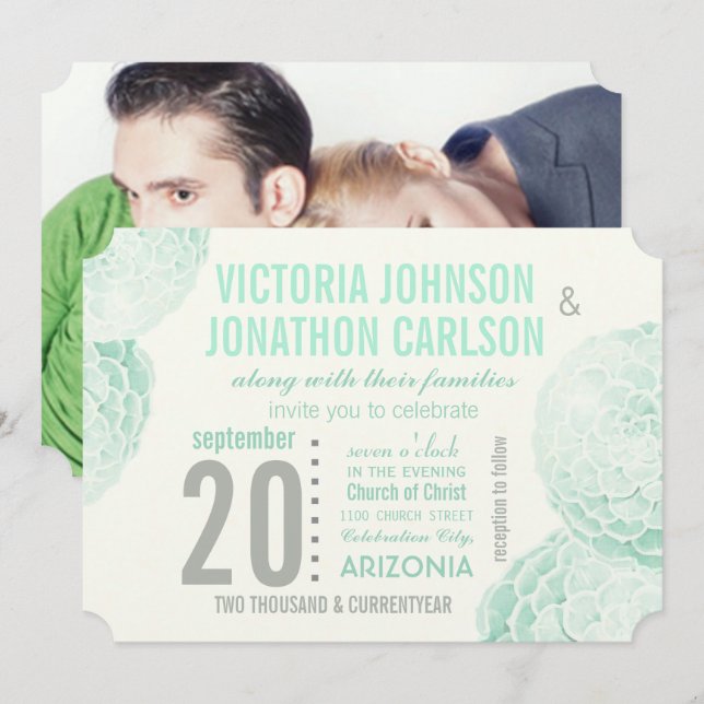 Invitation Monnaie verte et gris Succulent Mariage moderne (Devant / Derrière)