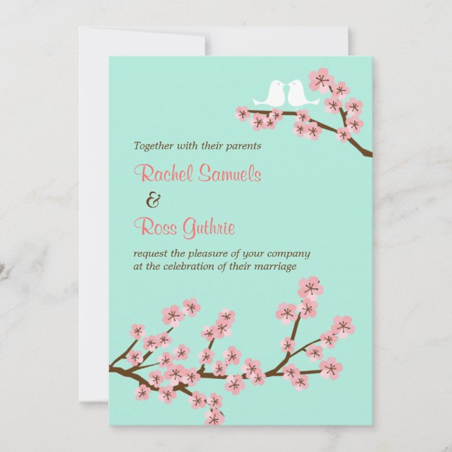 Invitation Monnaie verte et rose cerisier en fleurs Mariage m (Devant)