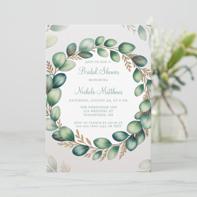 Invitation Monnaie verte & Sage Green Eucalyptus Fête des mar (Debout devant)