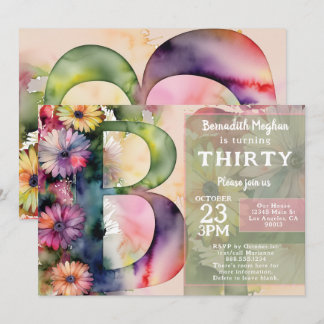 Invitation Monogram B Colorful Watercolor Flowers Birthday