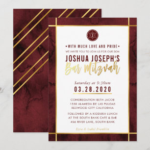 Invitation MONOGRAM BAR MITZVAH couleur or rouge foncé