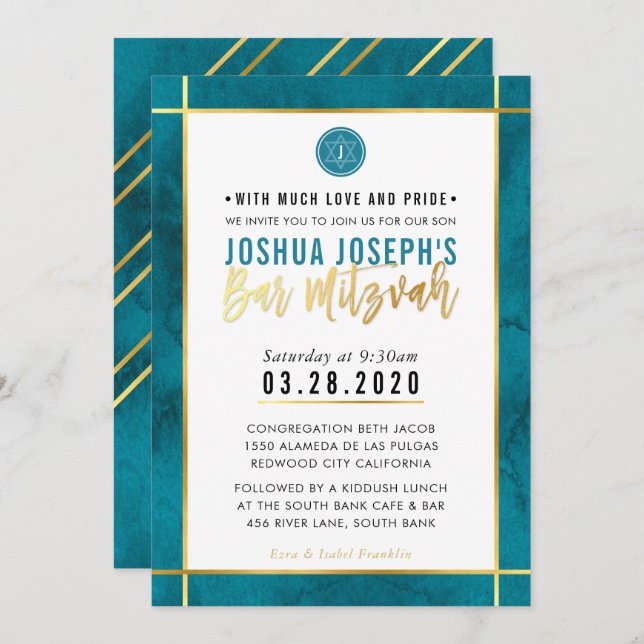 Invitation MONOGRAM BAR MITZVAH turquoise Bande dorée bleue (Devant / Derrière)