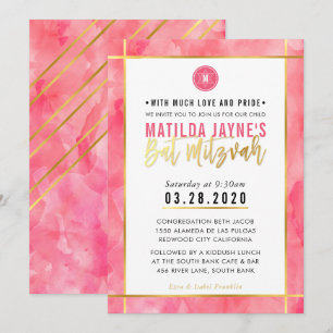 Invitation MONOGRAM BAT MITZVAH corail rose bande dorée