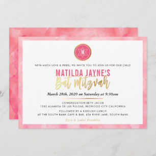 Invitation MONOGRAM BAT MITZVAH corail rose or