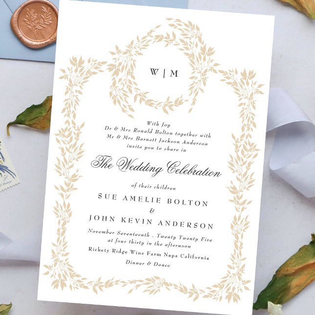 Invitation Monogram Blush Crest traditionnel Mariage élégant (Créateur téléchargé)
