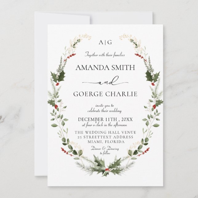 Invitation monogram Christmas greenery Winter Photo wedding (Devant)
