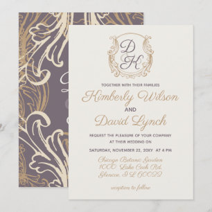 Invitation Monogram Crest Gold Purple Vintage Wedding