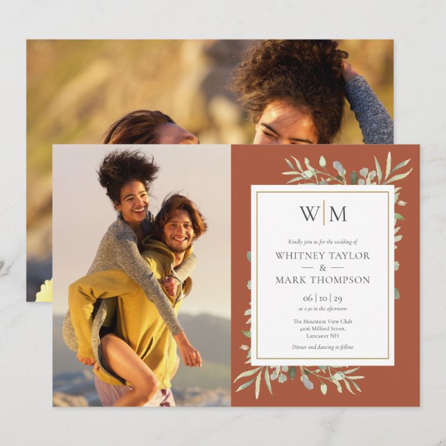 Invitation Monogram Green Terracotta Mariage photo (Devant / Derrière)