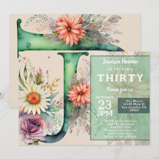 Invitation Monogram J Colorful Watercolor Flowers Birthday