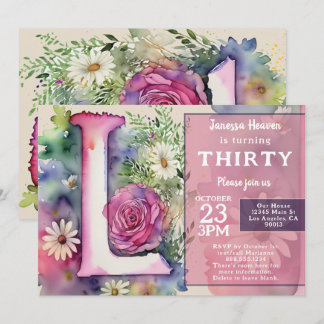 Invitation Monogram L Colorful Watercolor Flowers Birthday