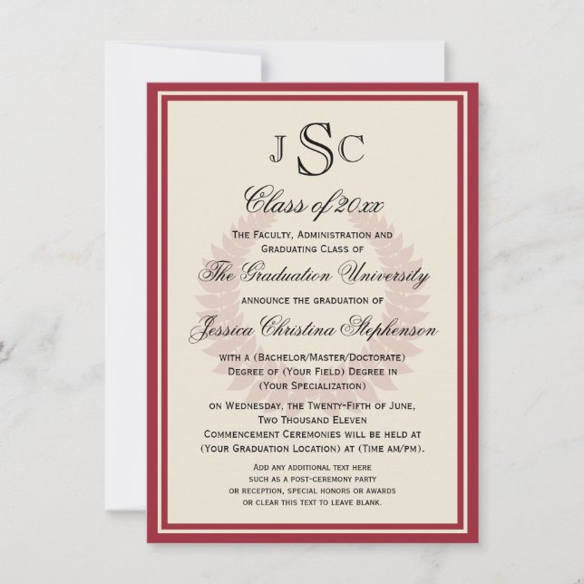 Invitation Monogram Laurel Classic College Graduation (Devant)