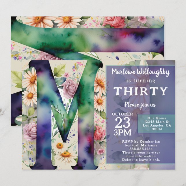 Invitation Monogram M Colorful Watercolor Flowers Birthday  (Devant / Derrière)