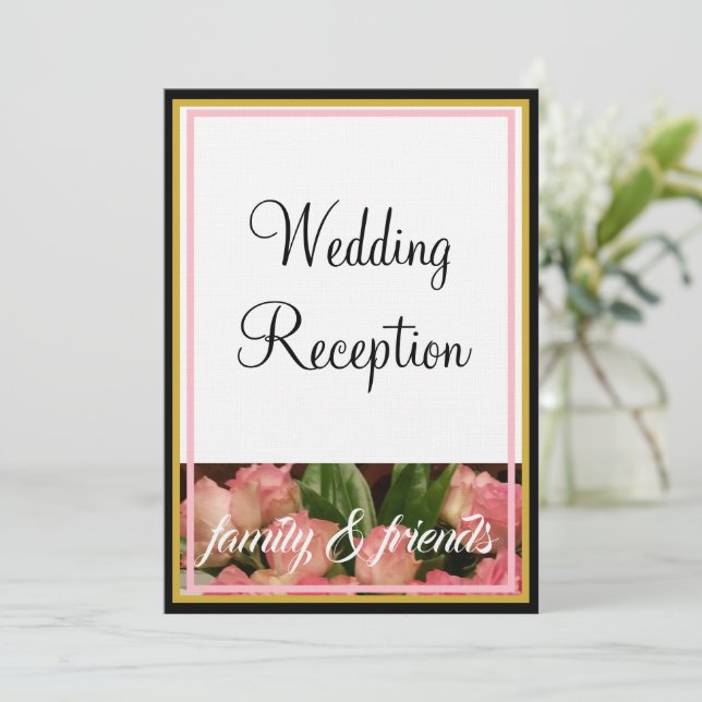 Invitation Monogram Pink Roses Wedding Family Friends (Debout devant)