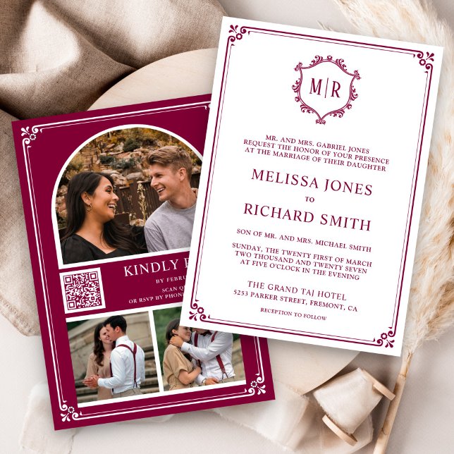 Invitation Monogram QR Code Photo Collage Magenta Wedding (Créateur téléchargé)