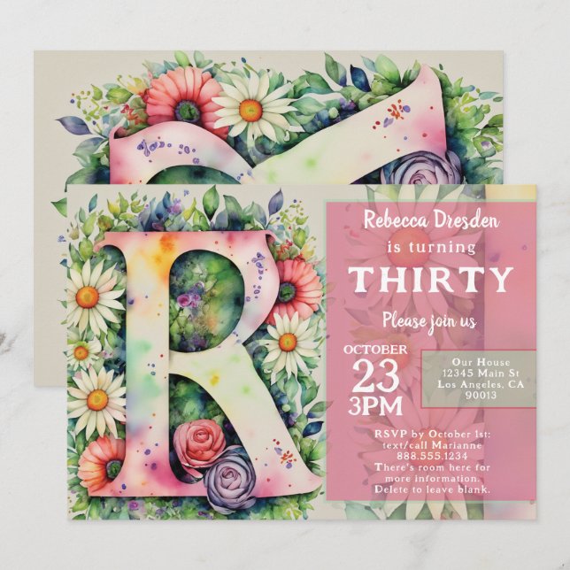 Invitation Monogram R Colorful Watercolor Flowers Birthday  (Devant / Derrière)