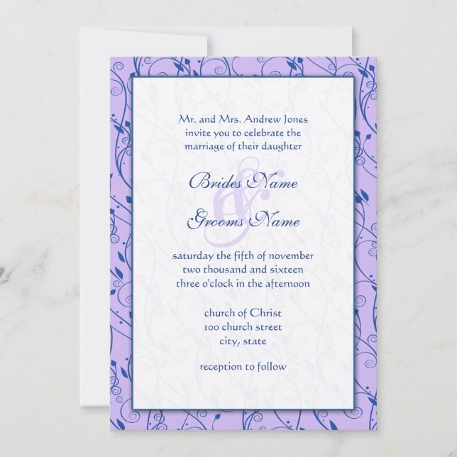 Invitation Monogram Royal Blue Lilac Swirl Wedding (Devant)