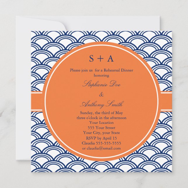 Invitation Monogram Royal Blue Seigaiha Motif avec Orange (Devant)