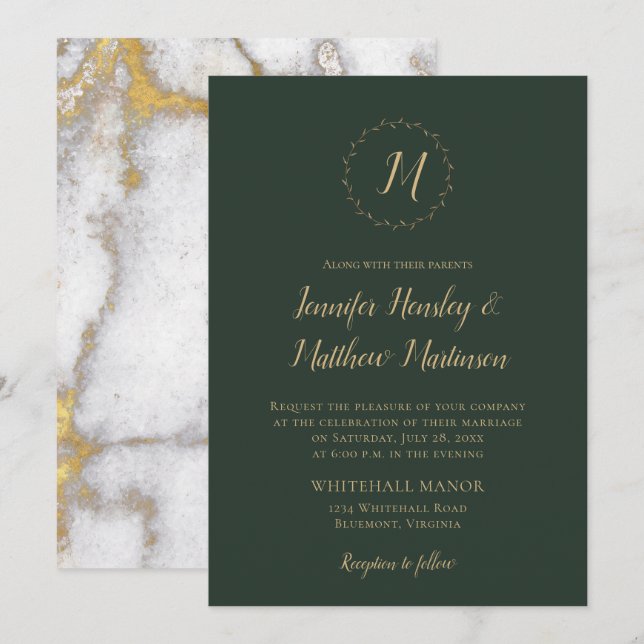 Invitation Monogramme à feuillage persistant Marbre d'or Mari (Devant / Derrière)