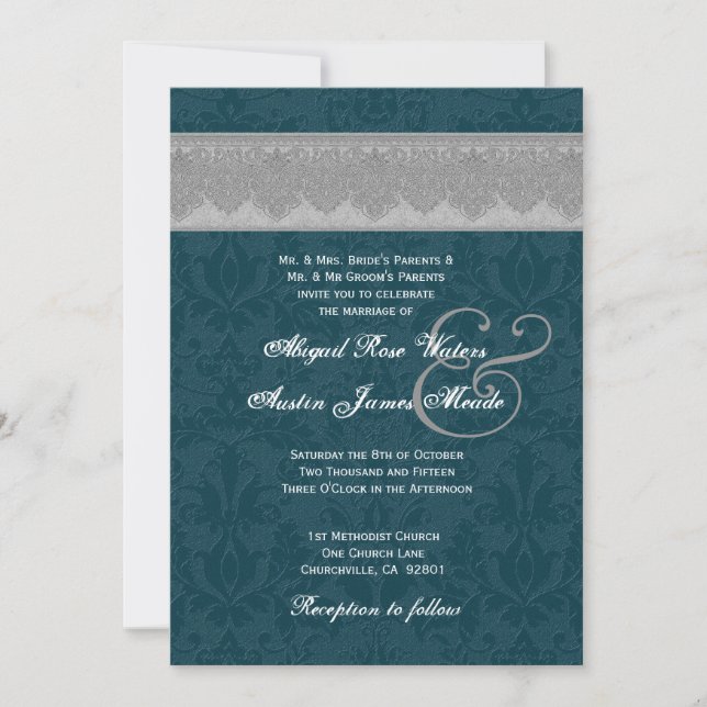 Invitation Monogramme argenté et turquoise de ruban de (Devant)
