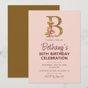 Invitation Monogramme B orné de roses roses blush