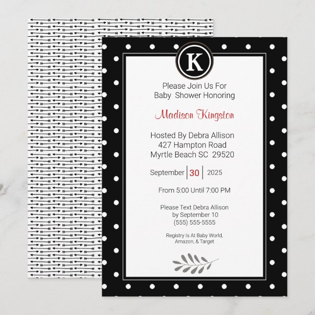 Invitation Monogramme Baby shower noir et blanc (Devant / Derrière)