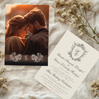 Invitation Monogramme Beige Floral Vintage Crest Mariage phot