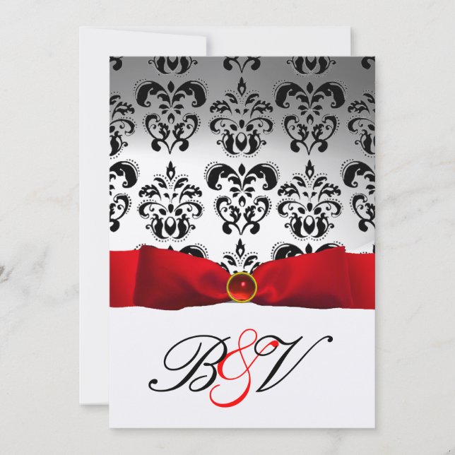 INVITATION MONOGRAMME BLACK DAMASK ROUGE RIBBON SILVER (Devant)