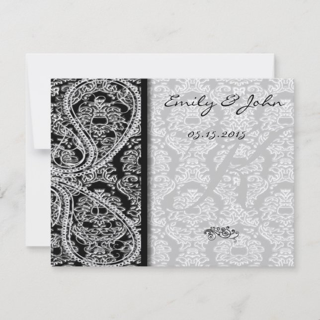 Invitation Monogramme Black Mariage damassé Numéro de tableau (Devant)