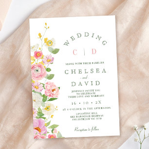 Invitation Monogramme blanc rose moderne Mariage floral