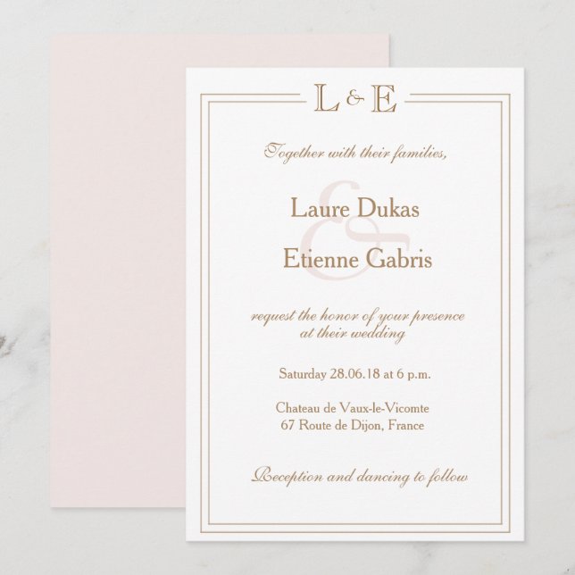 Invitation Monogramme blanc rousse doré ampersan mariage mode (Devant / Derrière)