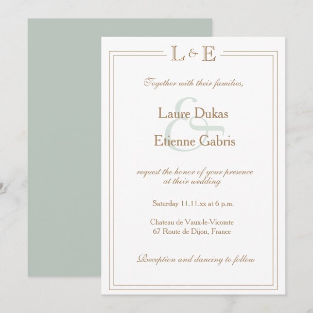 Invitation Monogramme Blanc Sage Or Ampersand Mariage moderne (Devant / Derrière)