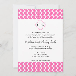 Invitation Monogramme blanc sur Motif Quatrefoil rose chaud