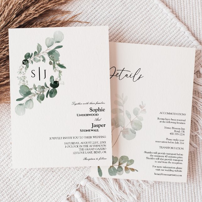 Invitation Monogramme blanc vert moderne tout en un Mariage (Créateur téléchargé)