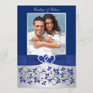 Invitation Monogramme Bleu, Argent Floral PHOTO Mariage Invit