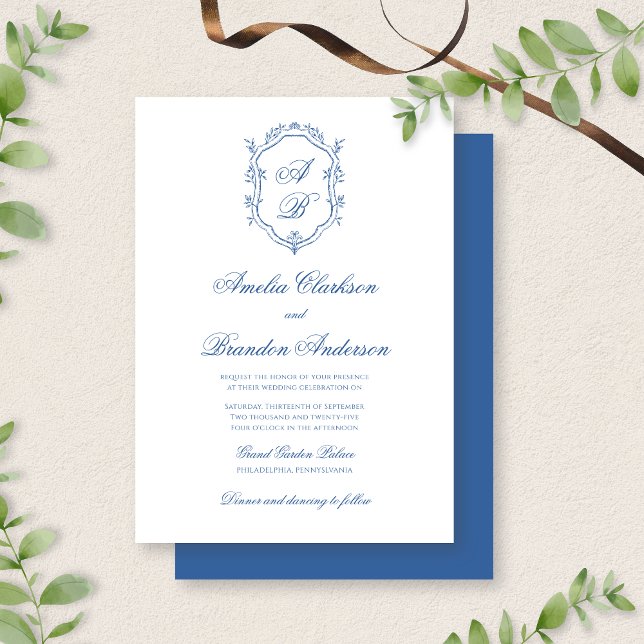 Invitation Monogramme bleu Crest & Mariage de script officiel (Créateur téléchargé)
