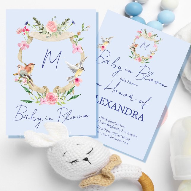 Invitation Monogramme bleu crête baby shower (Créateur téléchargé)