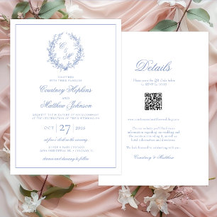 Invitation Monogramme Bleu Dusty, couronne Botanique Tout en
