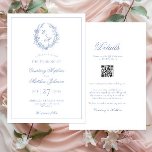 Invitation Monogramme Bleu Dusty, couronne Botanique Tout en