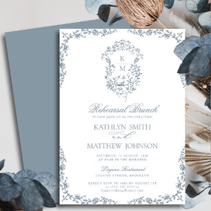 Invitation Monogramme bleu Dusty Vintage Crest Rehearsal Brun