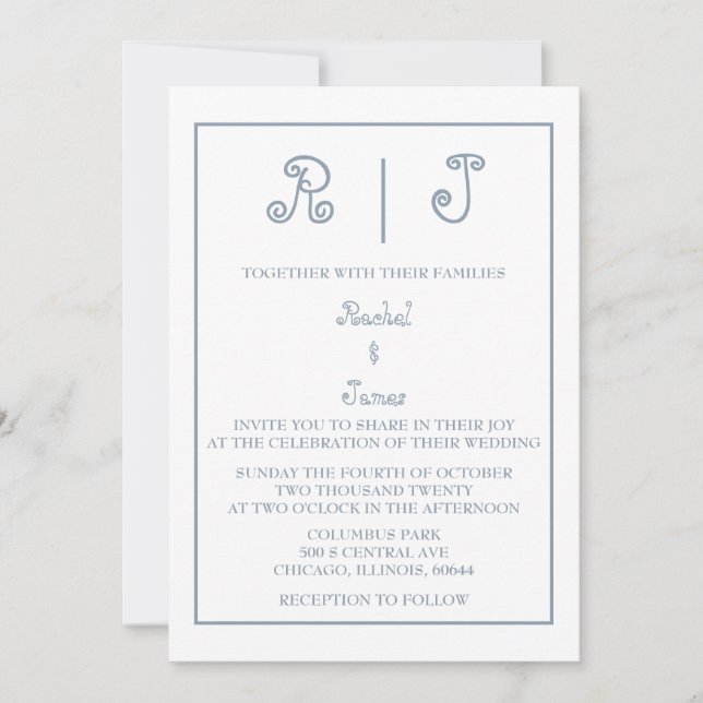 Invitation Monogramme bleu foncé Élégant Script Mariage minim (Devant)
