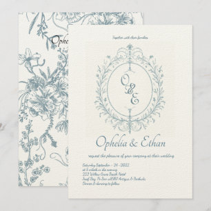 Invitation Monogramme bleu français mariage d'écusson victori