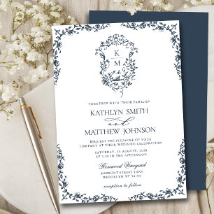 Invitation Monogramme bleu marine Floral Vintage Crest Mariag