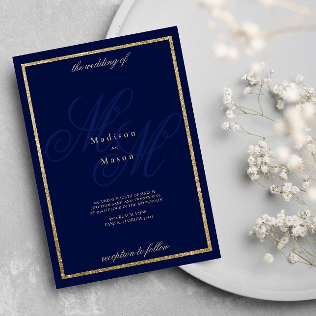 Invitation Monogramme bleu marine or initiales thème mariage (Gold navy blue monogram initials theme wedding)