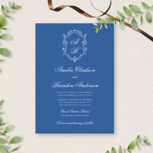 Invitation Monogramme bleu mer Crest & Script formel