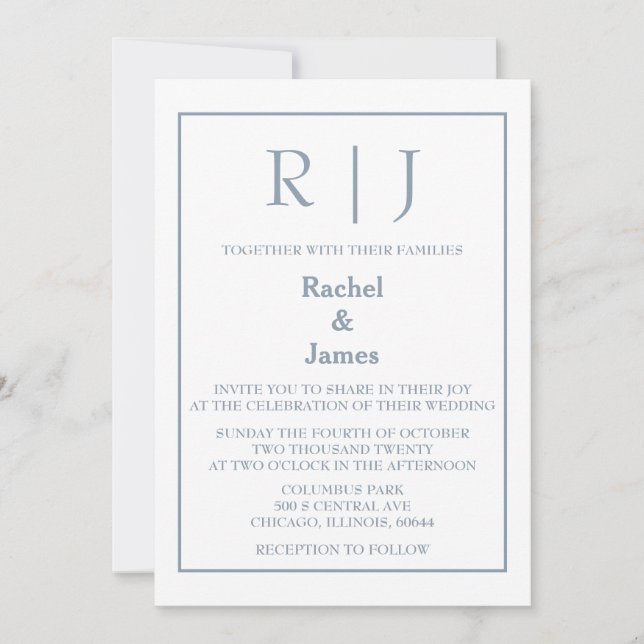 Invitation Monogramme bleu outremer Élégant Mariage minimalis (Devant)