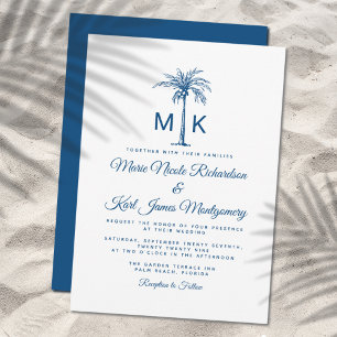 Invitation Monogramme Bleu Palmier Formal Beach Mariage