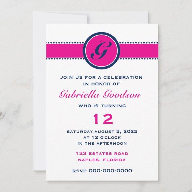 Invitation Monogramme bleu Preppy Hot Pink et Navy (Devant)
