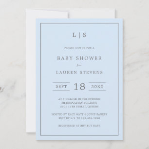 Invitation Monogramme bleu simple et gris Baby shower garçon