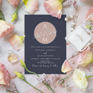 Invitation Monogramme Blush Rose Marine Mariage bleu