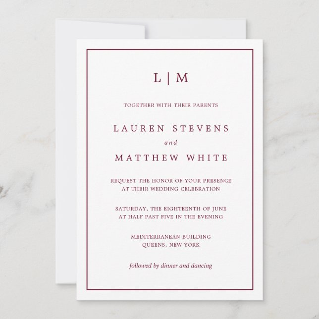 Invitation Monogramme bordeaux simple Mariage élégant (Devant)